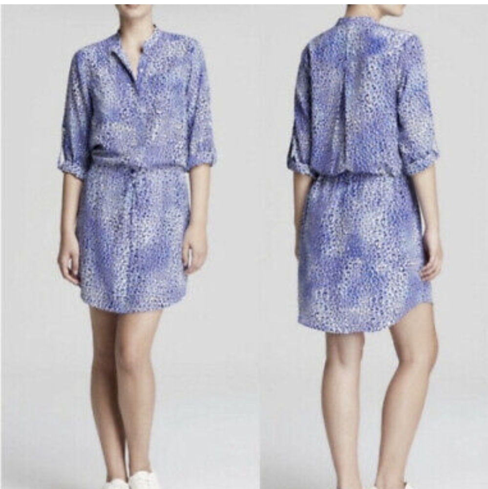Size 4 Rebecca Taylor 100% Silk Blue Animal Print Drawstring Waist Shirt Dress